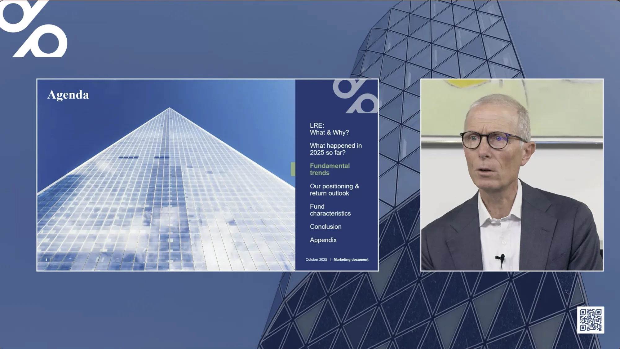 Speaker beside the agenda slide of a DPAM listed real estate webinar