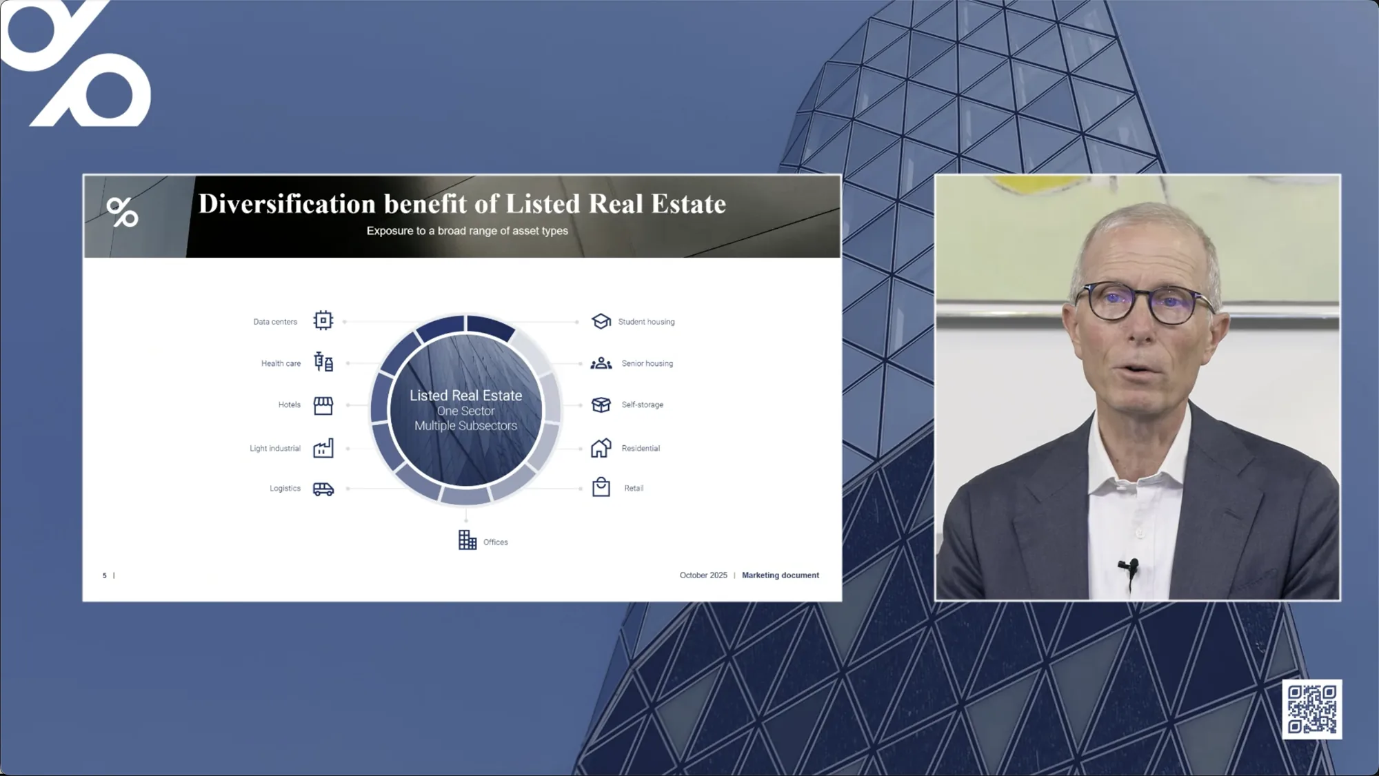 Speaker beside a slide on diversification in listed real estate