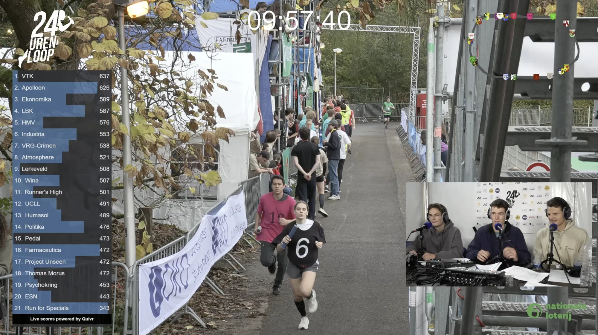 Livestream layout with runners, the live ranking and three commentators