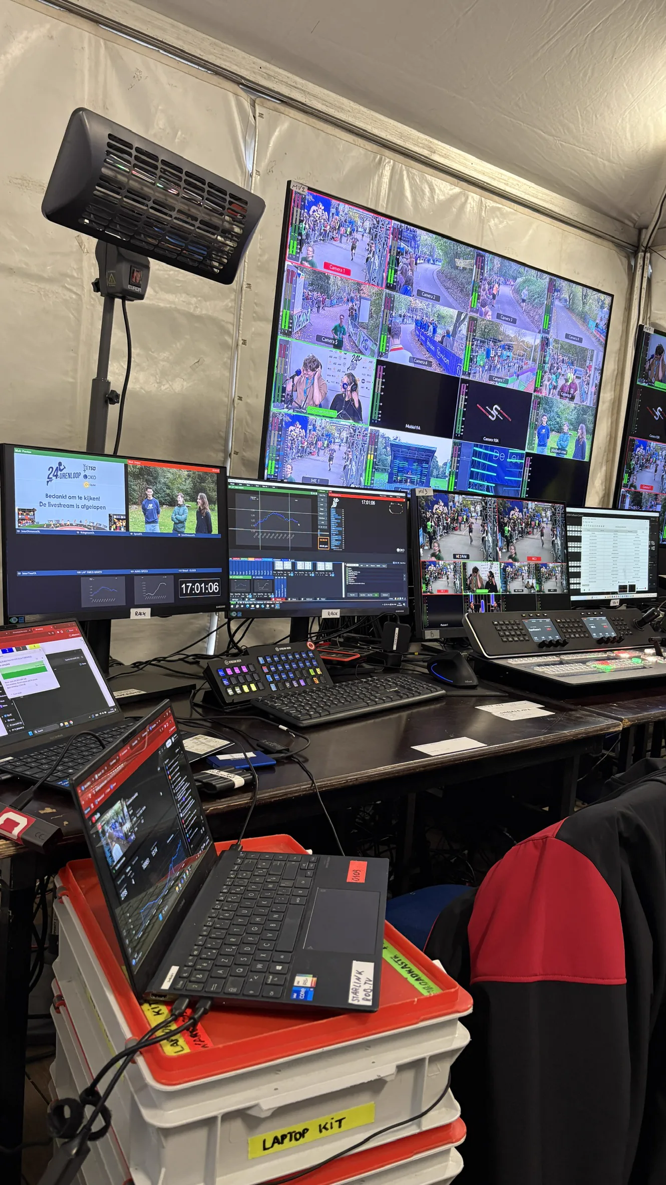Race control position in the production tent, multiview and mixing panels running